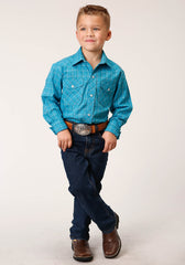 Roper Boys Long Sleeve Snap Turquoise Black And Orange Windowpane Plaid Western Shirt - Flyclothing LLC