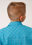 Roper Boys Long Sleeve Snap Turquoise Black And Orange Windowpane Plaid Western Shirt - Flyclothing LLC