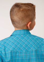 Roper Boys Long Sleeve Snap Turquoise Black And Orange Windowpane Plaid Western Shirt - Flyclothing LLC