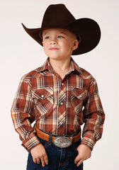 Roper Boys Long Sleeve Snap Rust Brown And Cream Plaid Western Shirt