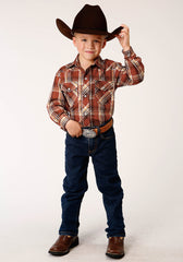 Roper Boys Long Sleeve Snap Rust Brown And Cream Plaid Western Shirt - Flyclothing LLC