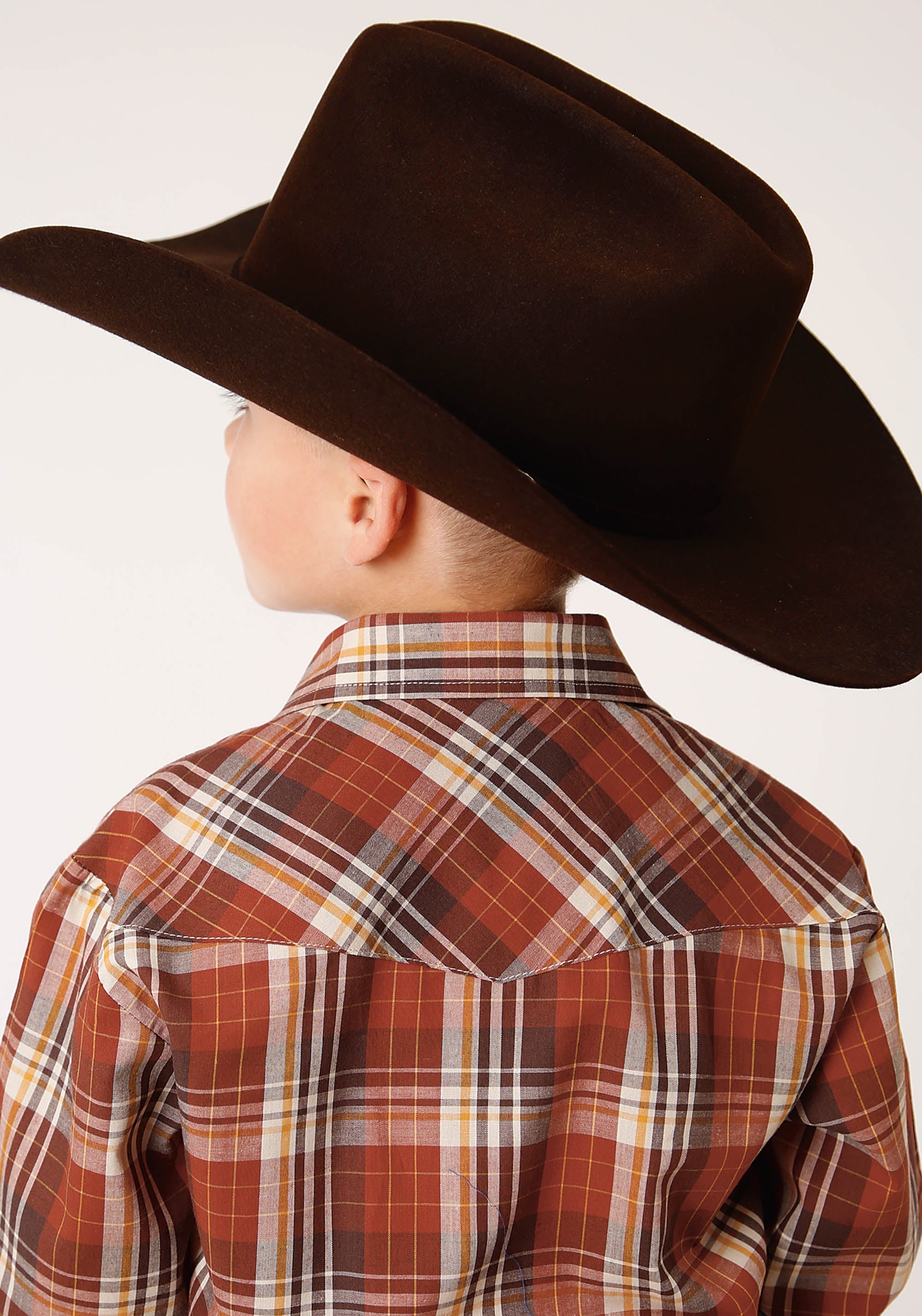 Roper Boys Long Sleeve Snap Rust Brown And Cream Plaid Western Shirt - Flyclothing LLC