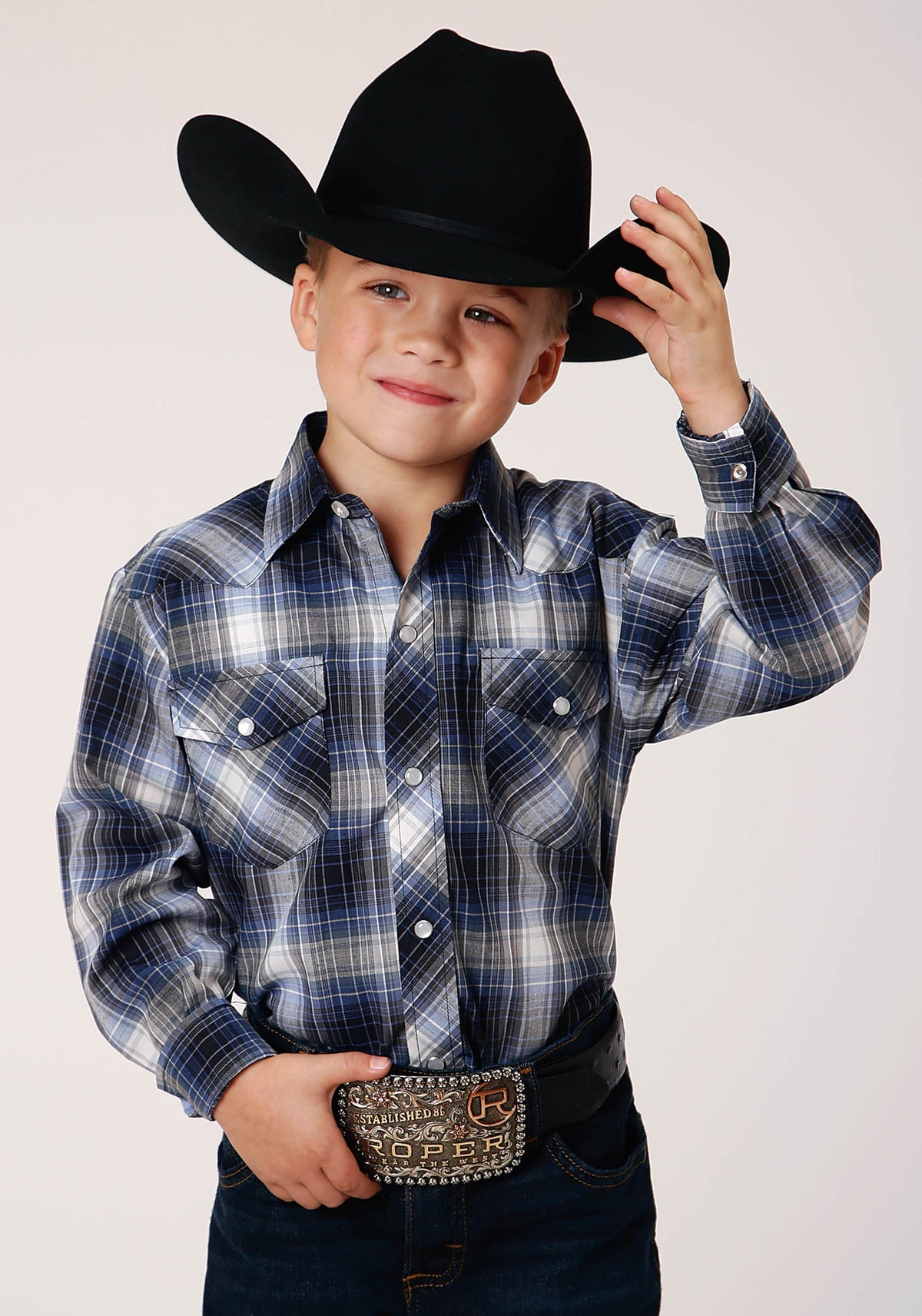 Roper Boys Long Sleeve Snap Navy Royal And White Plaid Western Shirt