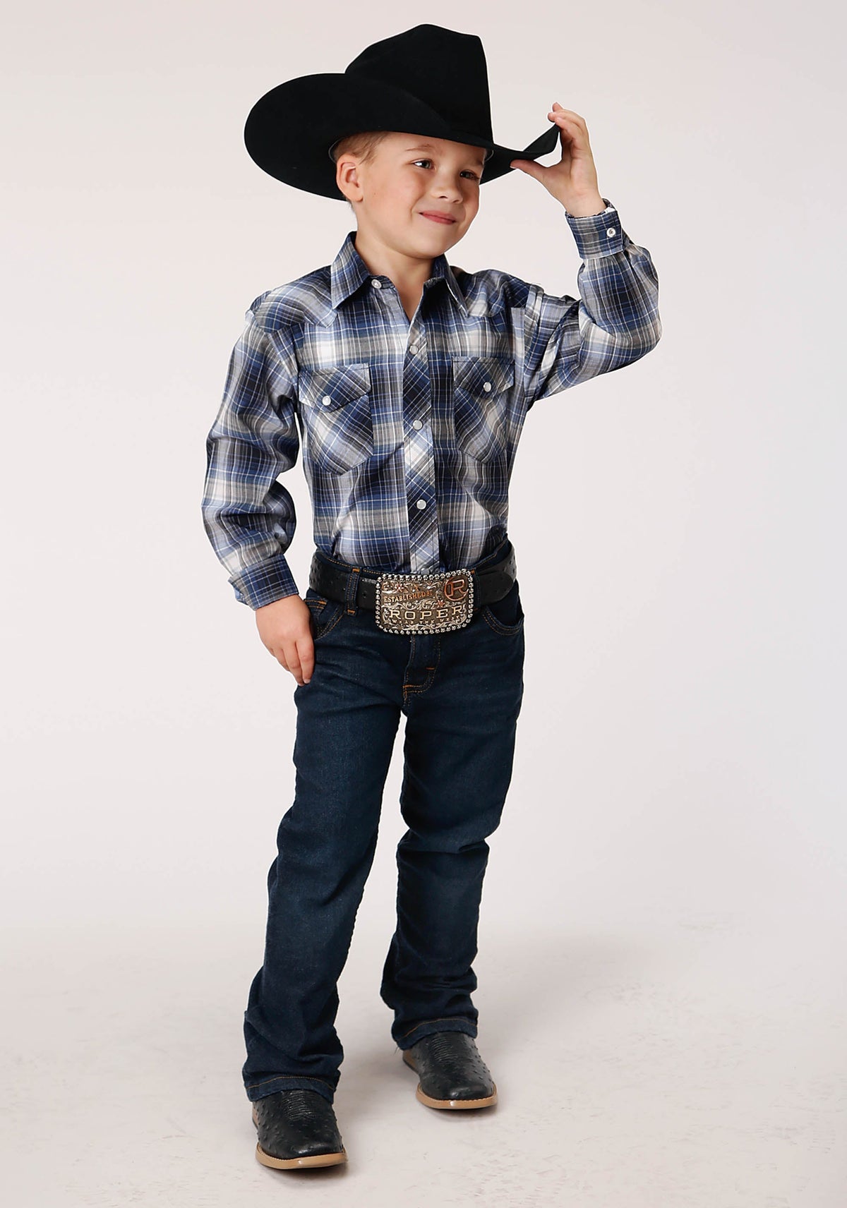 Roper Boys Long Sleeve Snap Navy Royal And White Plaid Western Shirt - Flyclothing LLC