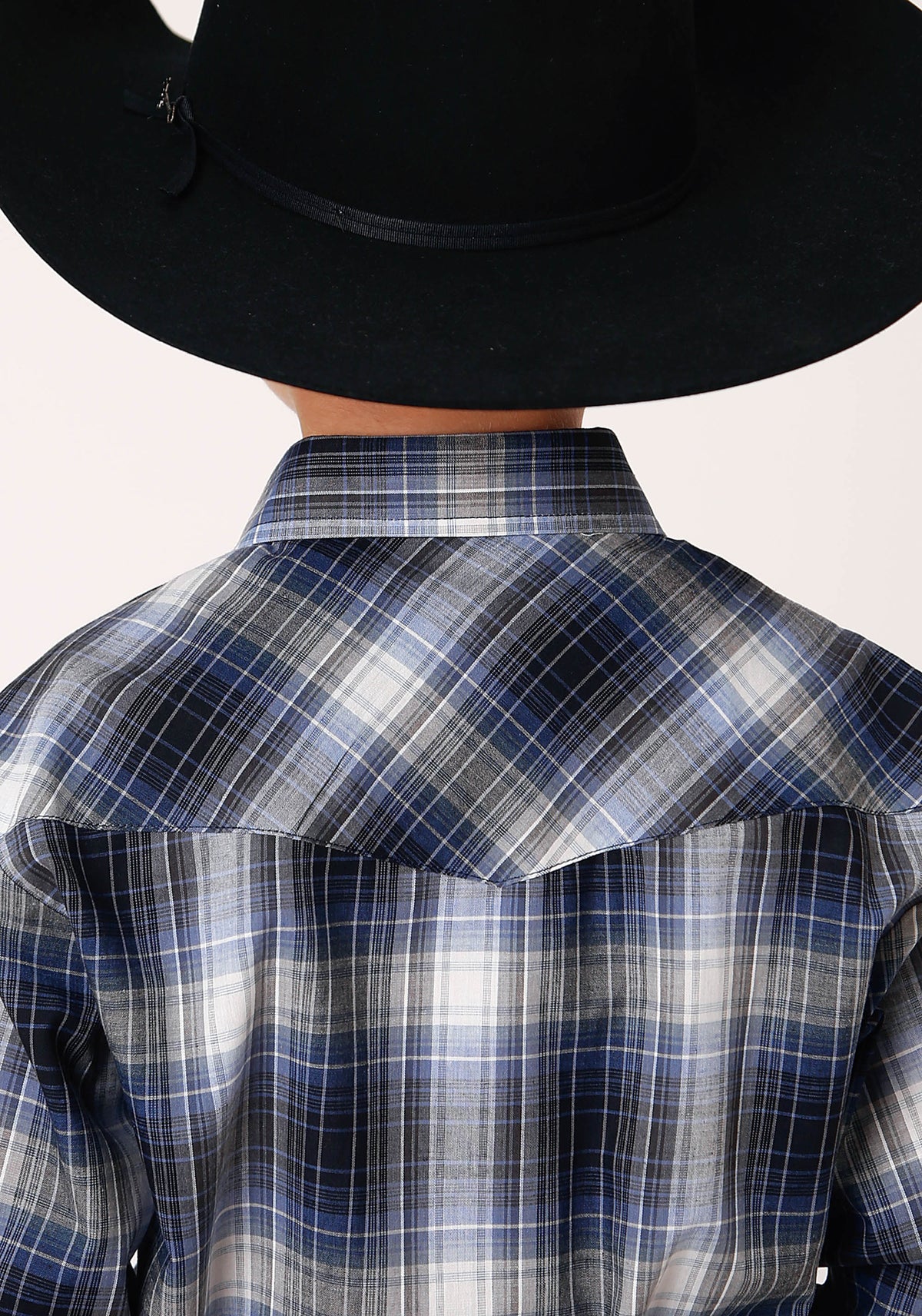 Roper Boys Long Sleeve Snap Navy Royal And White Plaid Western Shirt - Flyclothing LLC