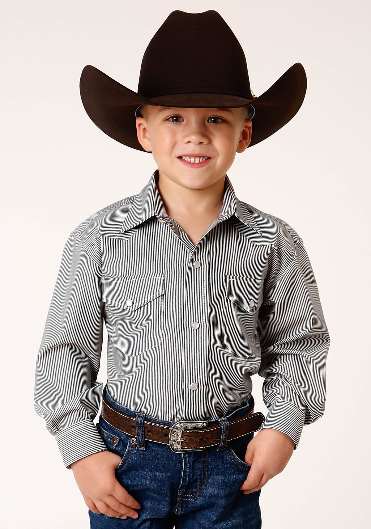 Roper Boys Long Sleeve Snap Charcoal And White Stripe Western Shirt