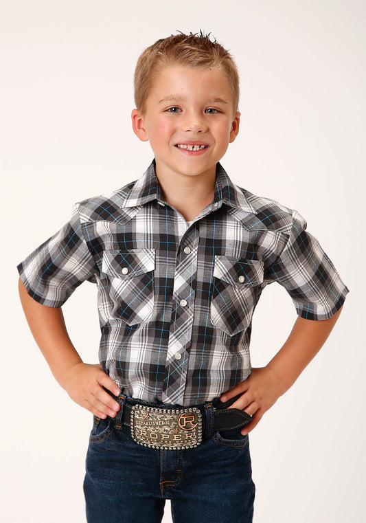 Roper Boys Short Sleeve Snap White Black Grey Plaid Western Shirt