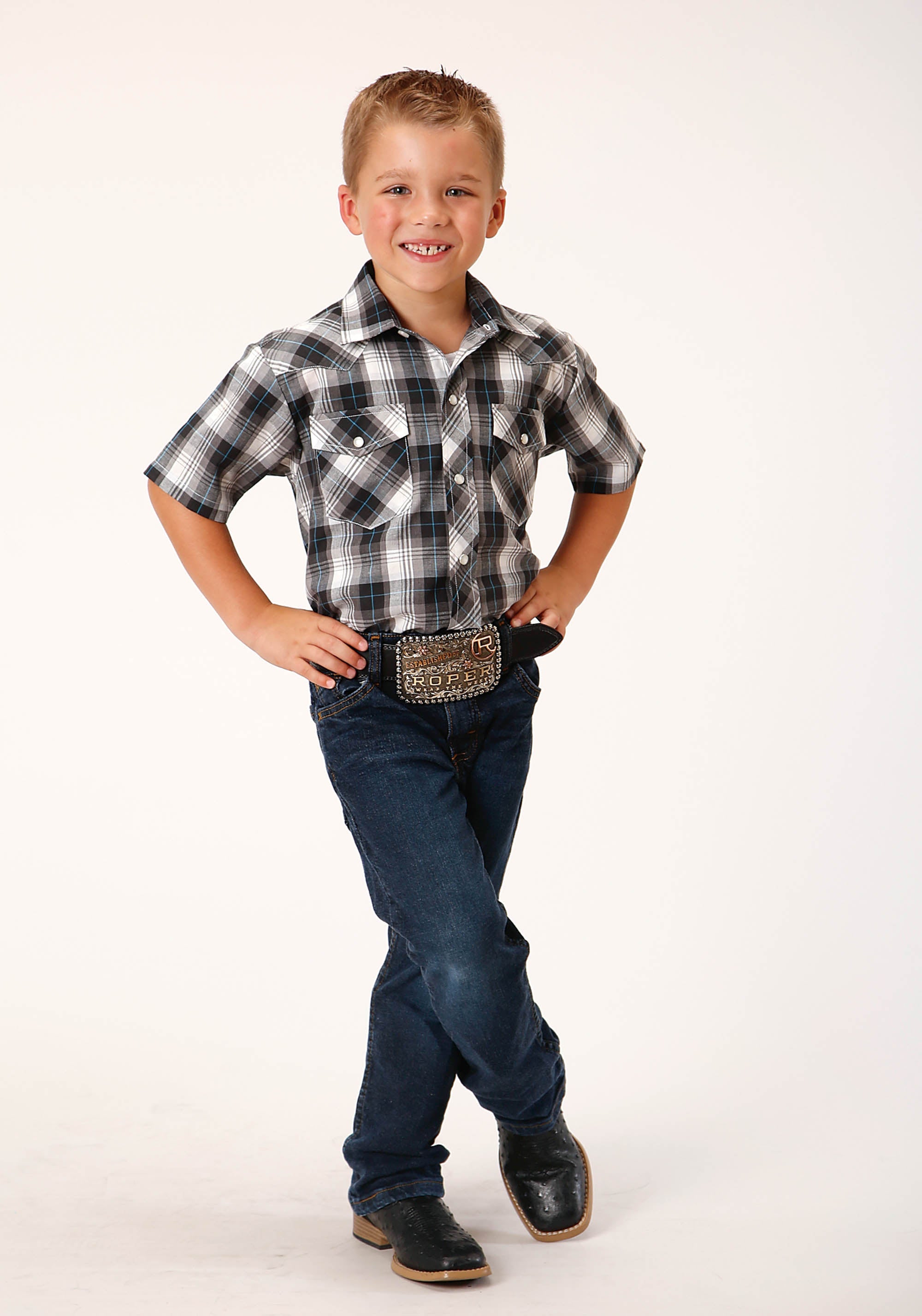 Roper Boys Short Sleeve Snap White Black Grey Plaid Western Shirt - Flyclothing LLC