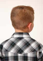 Roper Boys Short Sleeve Snap White Black Grey Plaid Western Shirt - Flyclothing LLC