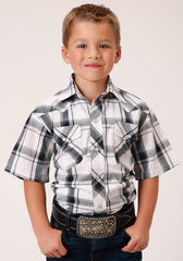 Roper Boys Short Sleeve Snap White Black Grey Plaid Western Shirt