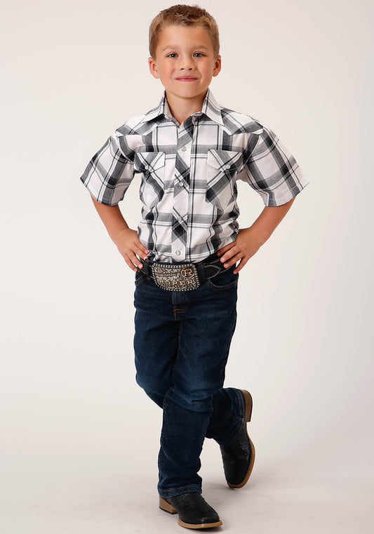 Roper Boys Short Sleeve Snap White Black Grey Plaid Western Shirt - Flyclothing LLC