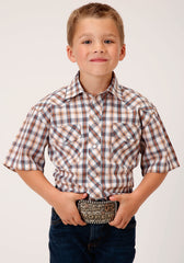 Roper Boys Short Sleeve Snap Navy Gold Rust Windowpaind Plaid Western Shirt