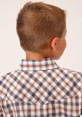 Roper Boys Short Sleeve Snap Navy Gold Rust Windowpaind Plaid Western Shirt - Flyclothing LLC