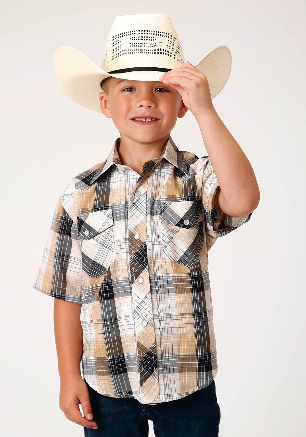 Roper Boys Short Sleeve Snap Black Khaki White Plaid Western Shirt