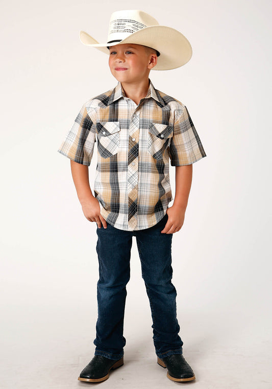 Roper Boys Short Sleeve Snap Black Khaki White Plaid Western Shirt - Flyclothing LLC