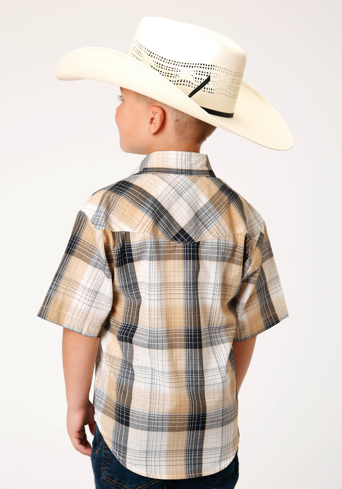 Roper Boys Short Sleeve Snap Black Khaki White Plaid Western Shirt - Flyclothing LLC