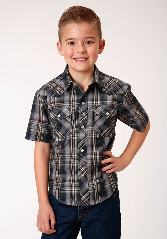 Roper Boys Short Sleeve Snap Navy Brown And Cream Plaid Western Shirt