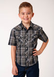 Roper Boys Short Sleeve Snap Navy Brown And Cream Plaid Western Shirt