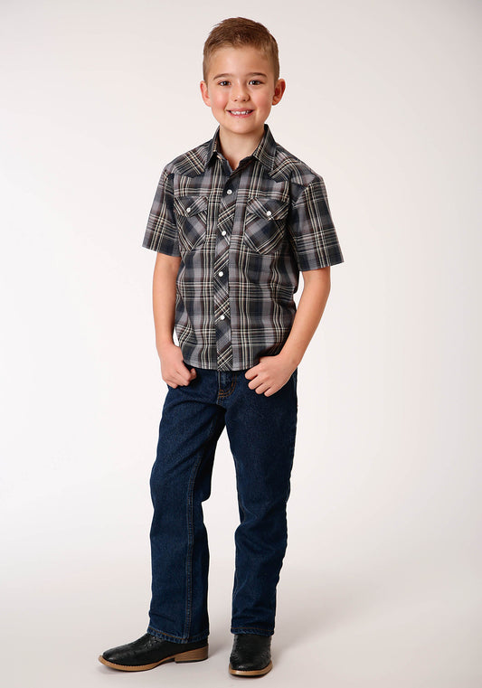 Roper Boys Short Sleeve Snap Navy Brown And Cream Plaid Western Shirt - Flyclothing LLC