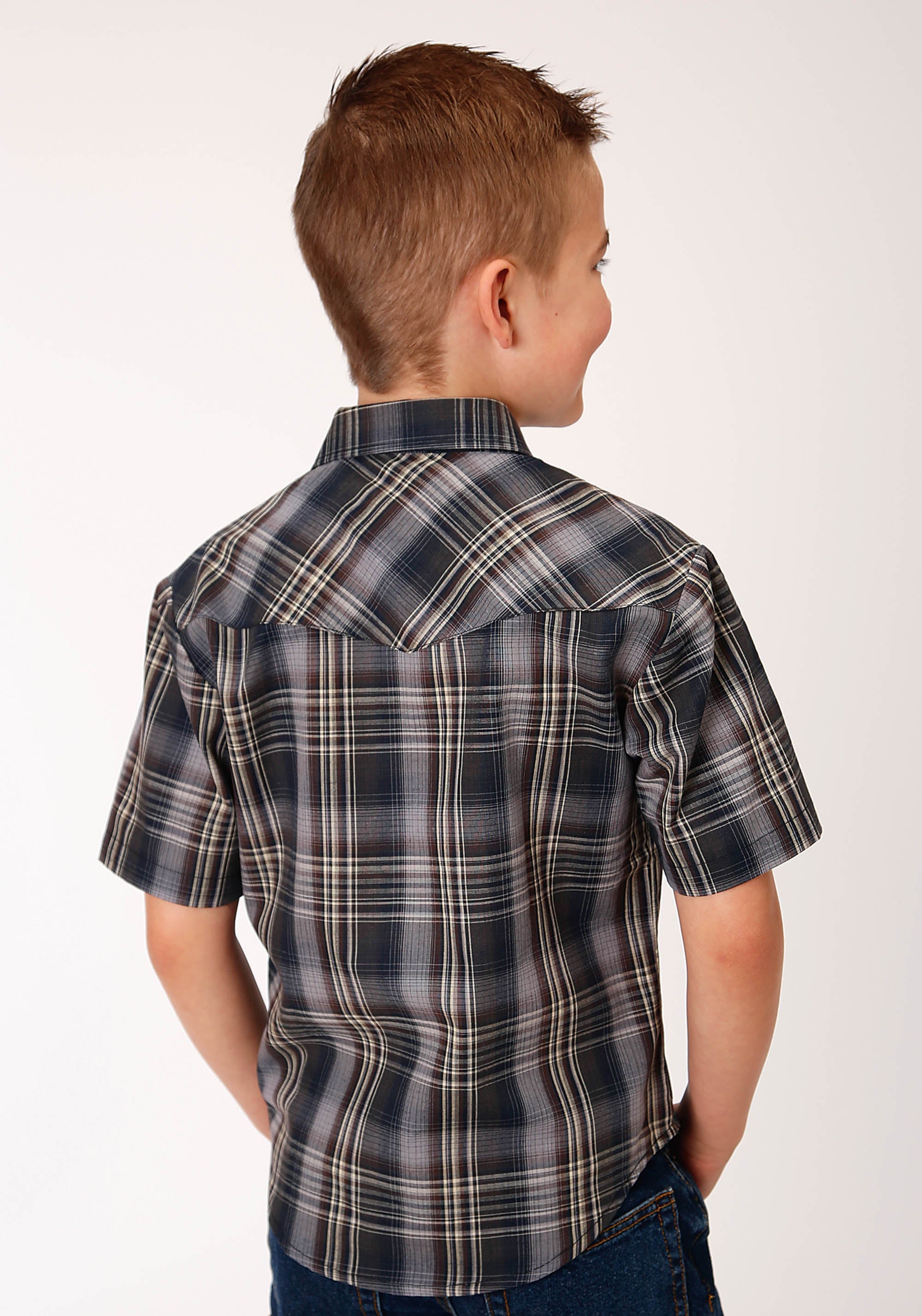 Roper Boys Short Sleeve Snap Navy Brown And Cream Plaid Western Shirt - Flyclothing LLC