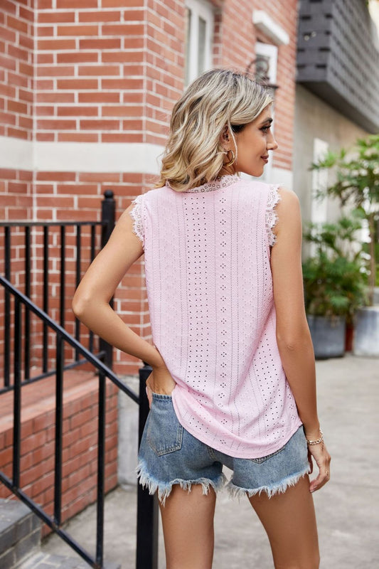 Eyelet Lace Trim Eyelash V-Neck Tank - Flyclothing LLC