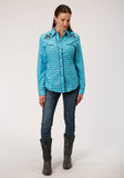 Roper Womens Long Sleeve Snap Turquoise And Grey Small Scale Plaid Western Shirt - Flyclothing LLC