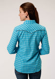 Roper Womens Long Sleeve Snap Turquoise And Grey Small Scale Plaid Western Shirt - Flyclothing LLC