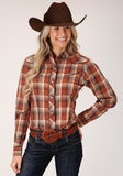 Roper Womens Long Sleeve Snap Rust Brown And Cream Plaid Western Shirt - Flyclothing LLC