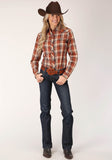 Roper Womens Long Sleeve Snap Rust Brown And Cream Plaid Western Shirt - Flyclothing LLC