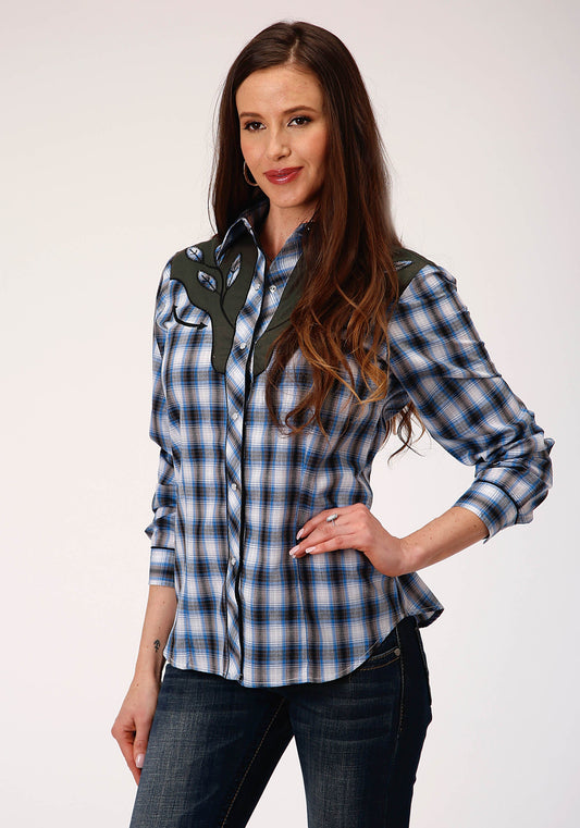 Roper Womens Long Sleeve Snap Navy Blue Grey And White Plaid Western Shirt