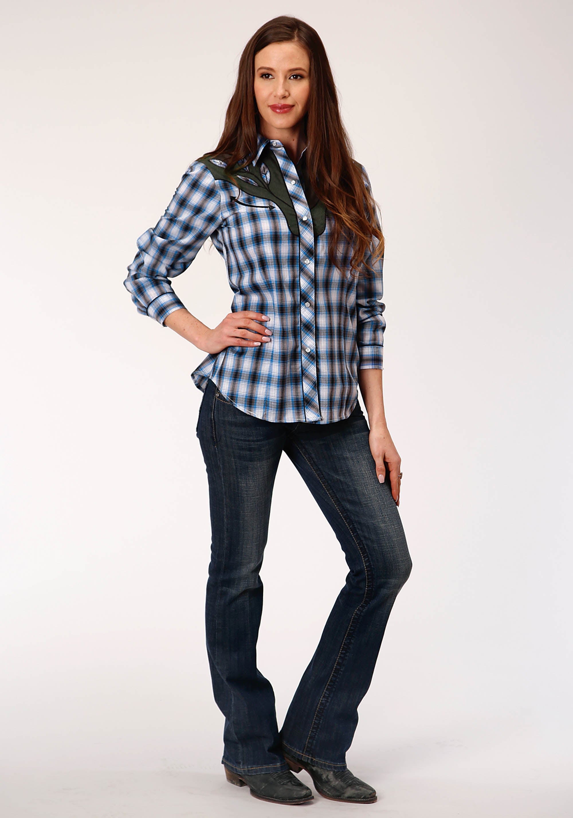 Roper Womens Long Sleeve Snap Navy Blue Grey And White Plaid Western Shirt - Flyclothing LLC