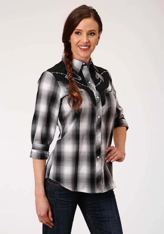 Roper Womens Long Sleeve Snap Black White And Grey Plaid Western Shirt