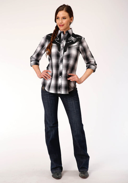 Roper Womens Long Sleeve Snap Black White And Grey Plaid Western Shirt - Flyclothing LLC