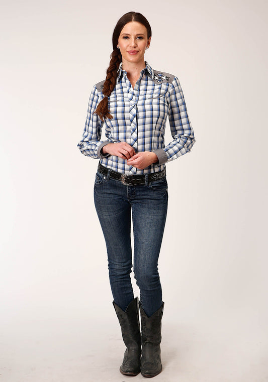 Roper Womens Long Sleeve Snap Royal Black And Cream Plaid Western Shirt - Flyclothing LLC