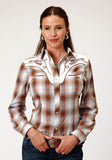 Roper Womens Long Sleeve Snap Butterscotch Light Blue Cream Plaid Western Shirt