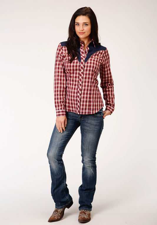 Roper Womens Long Sleeve Snap Red Navy And Cream Small Plaid Scale Western Shirt - Flyclothing LLC