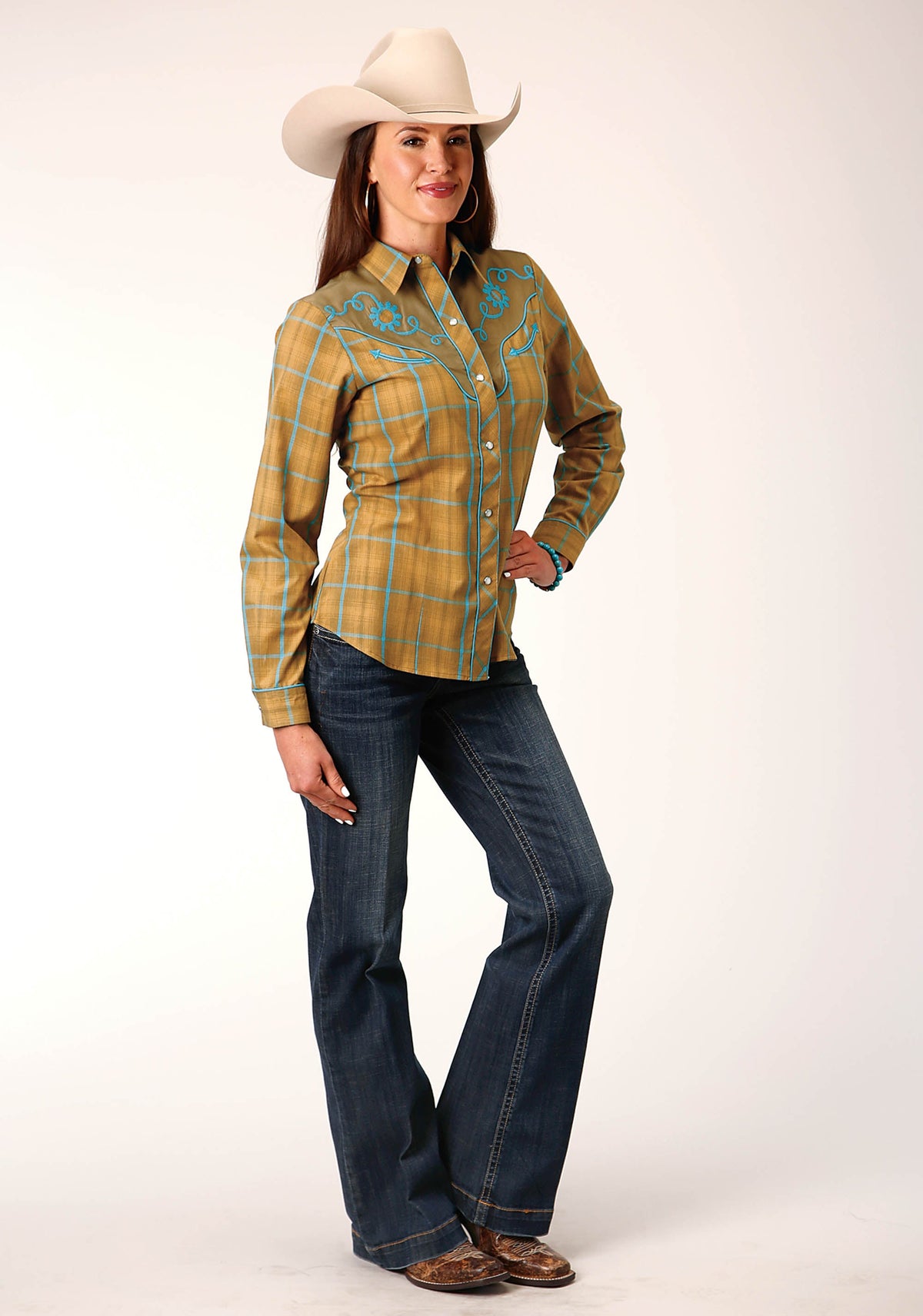 Roper Womens Long Sleeve Snap Butterscotch Turquoise Plaid Western Shirt - Flyclothing LLC