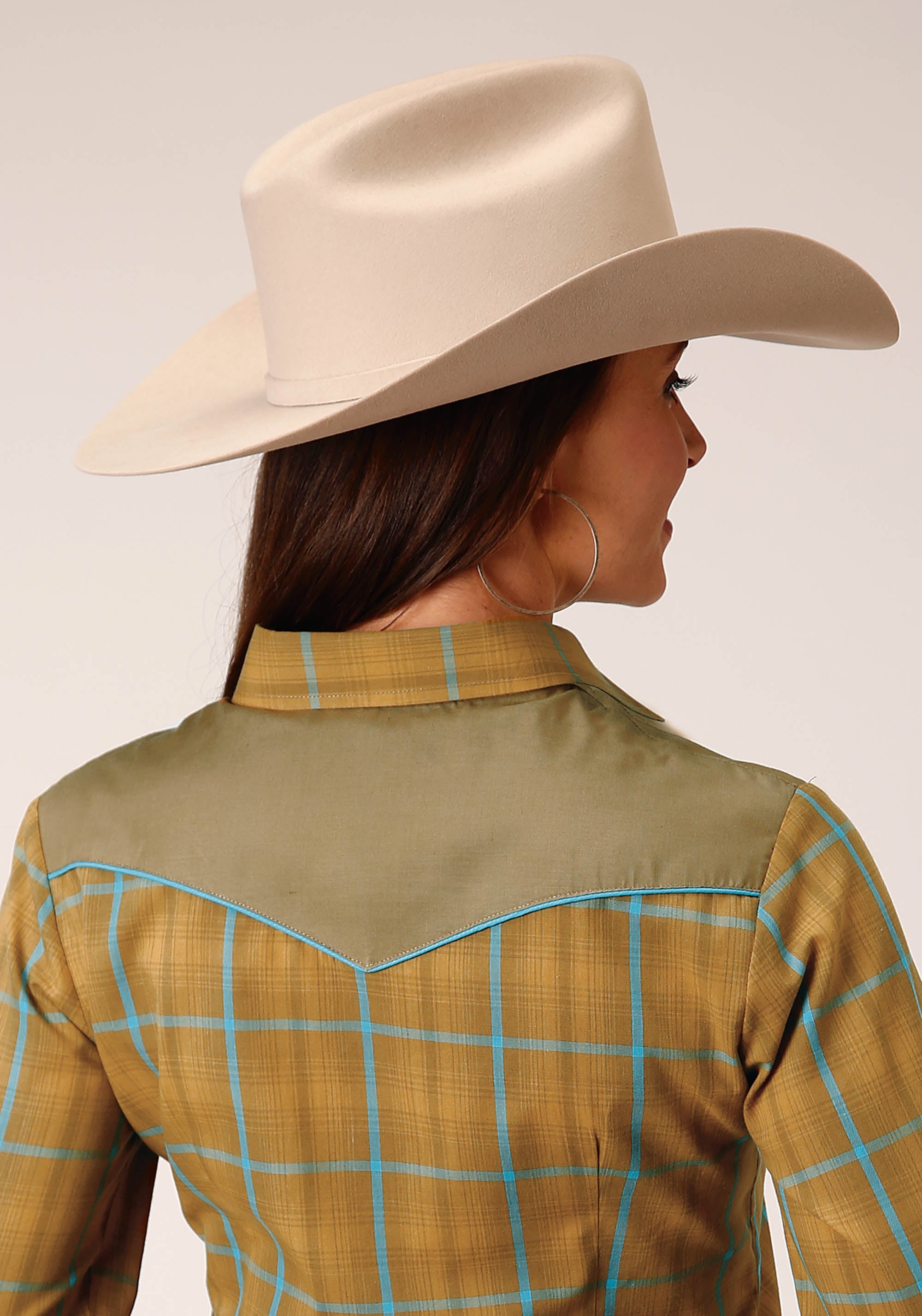 Roper Womens Long Sleeve Snap Butterscotch Turquoise Plaid Western Shirt - Flyclothing LLC