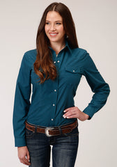 Roper Womens Long Sleeve Snap Solid Broadcloth Deep Teal Western Shirt