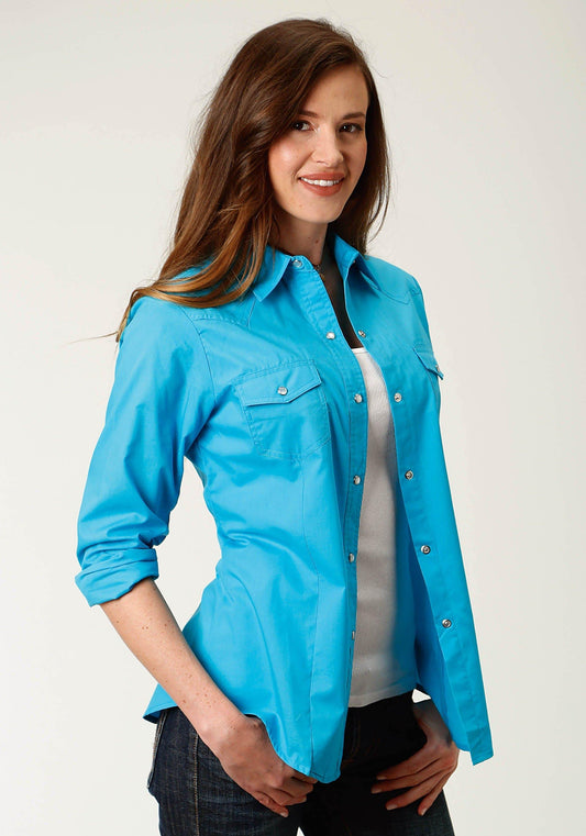 Roper Womens Turquoise Solid Long Sleeve Snap Western Shirt - Roper