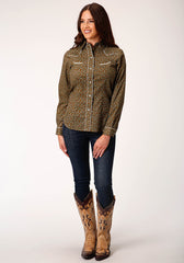 Roper Womens Long Sleeve Snap Brown Turquoise And Cream Mini Floral Western Shirt - Flyclothing LLC