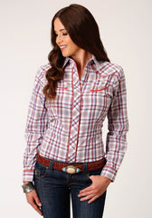 Roper Womens Long Sleeve Snap Cream Red Orange Navy Plaid Western Shirt