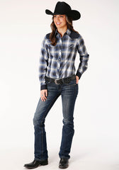 Roper Womens Long Sleeve Snap Navy Royal And White Plaid Western Shirt - Flyclothing LLC