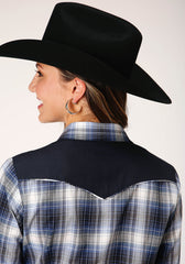 Roper Womens Long Sleeve Snap Navy Royal And White Plaid Western Shirt - Flyclothing LLC