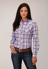 Roper Womens Long Sleeve Snap White Berry Light Blue Plaid Western Shirt