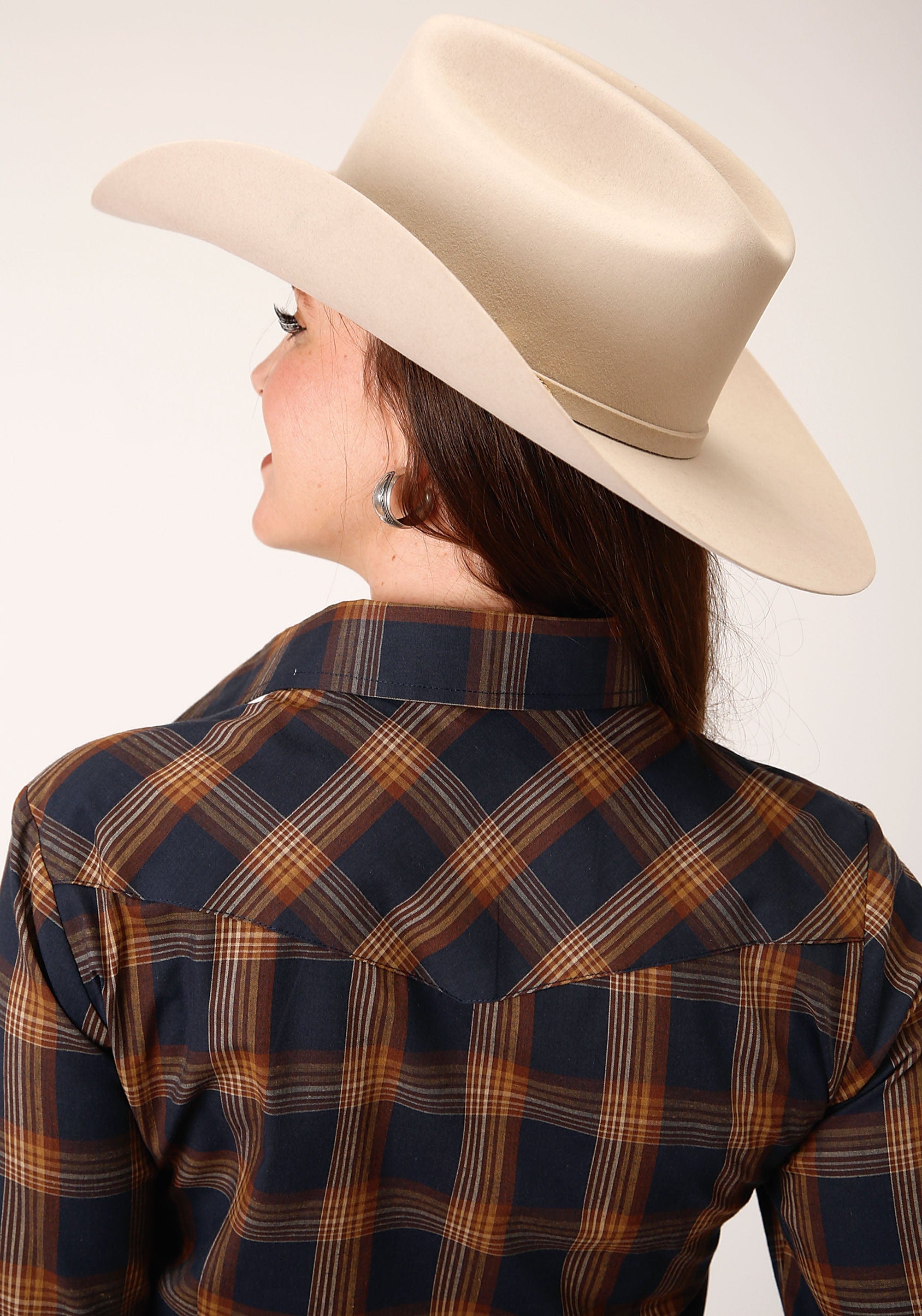 Roper Womens Long Sleeve Snap Navy And Brown Pliad Western Shirt - Flyclothing LLC