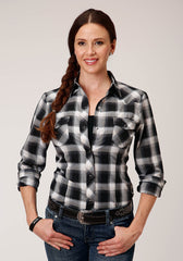 Roper Womens Long Sleeve Snap Black Charcoal And White Plaid Western Shirt