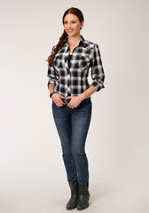 Roper Womens Long Sleeve Snap Black Charcoal And White Plaid Western Shirt - Roper