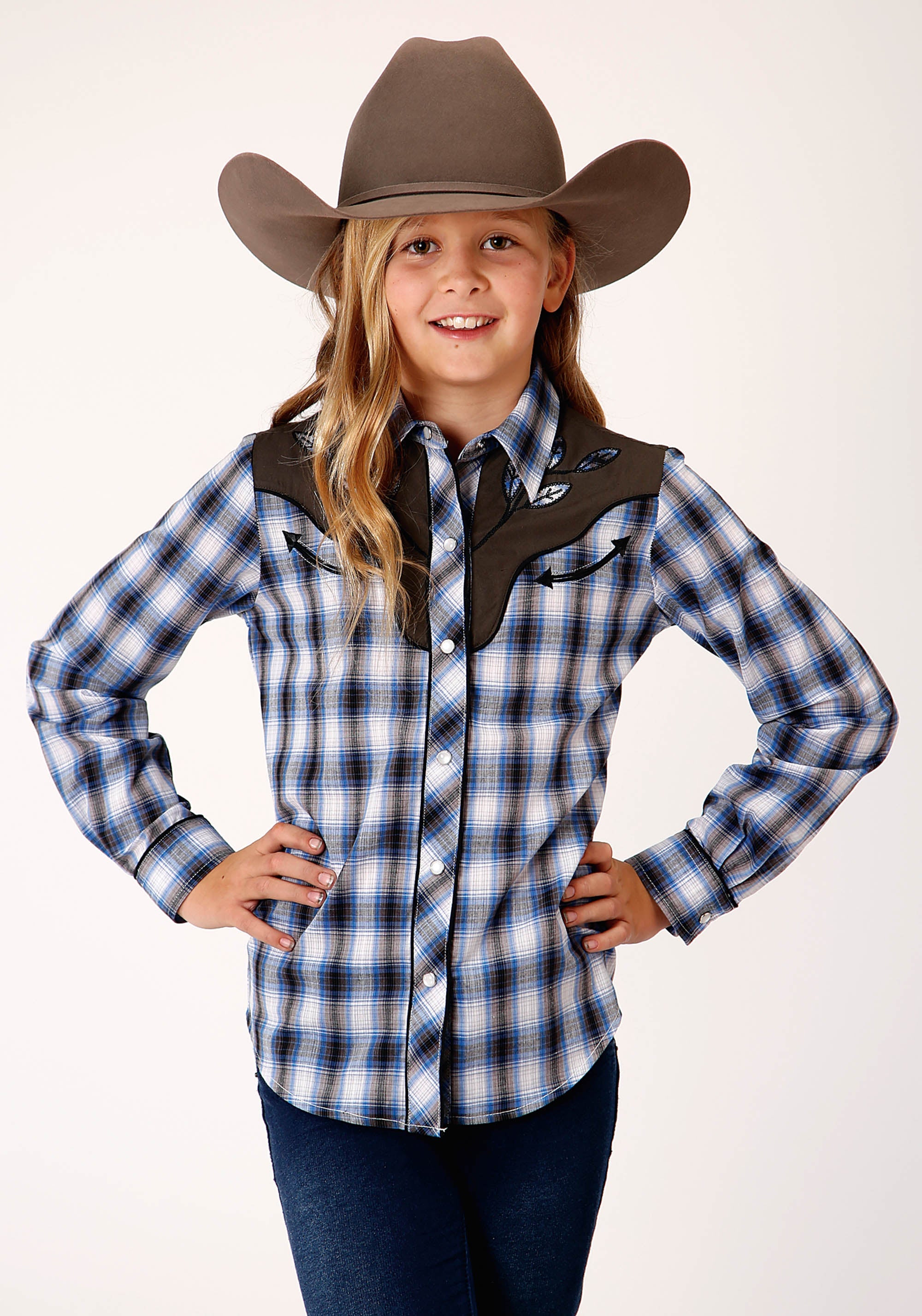 Roper Girls Long Sleeve Snap Navy Blue Grey White Plaid Western Shirt