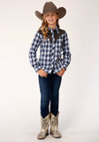 Roper Girls Long Sleeve Snap Navy Blue Grey White Plaid Western Shirt - Flyclothing LLC